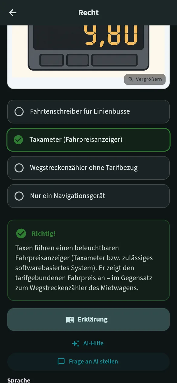 App-Ansicht: Antwort richtig, mit Erklärung zur Frage