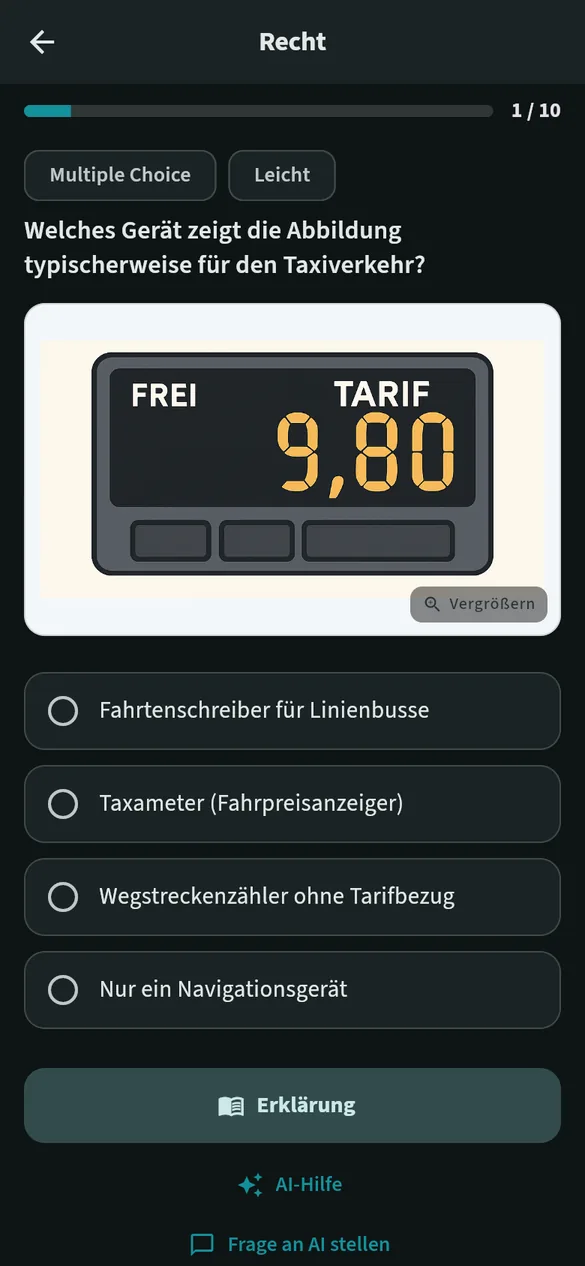 App-Ansicht: Prüfungsfrage mit Abbildung und vier Antwortmöglichkeiten